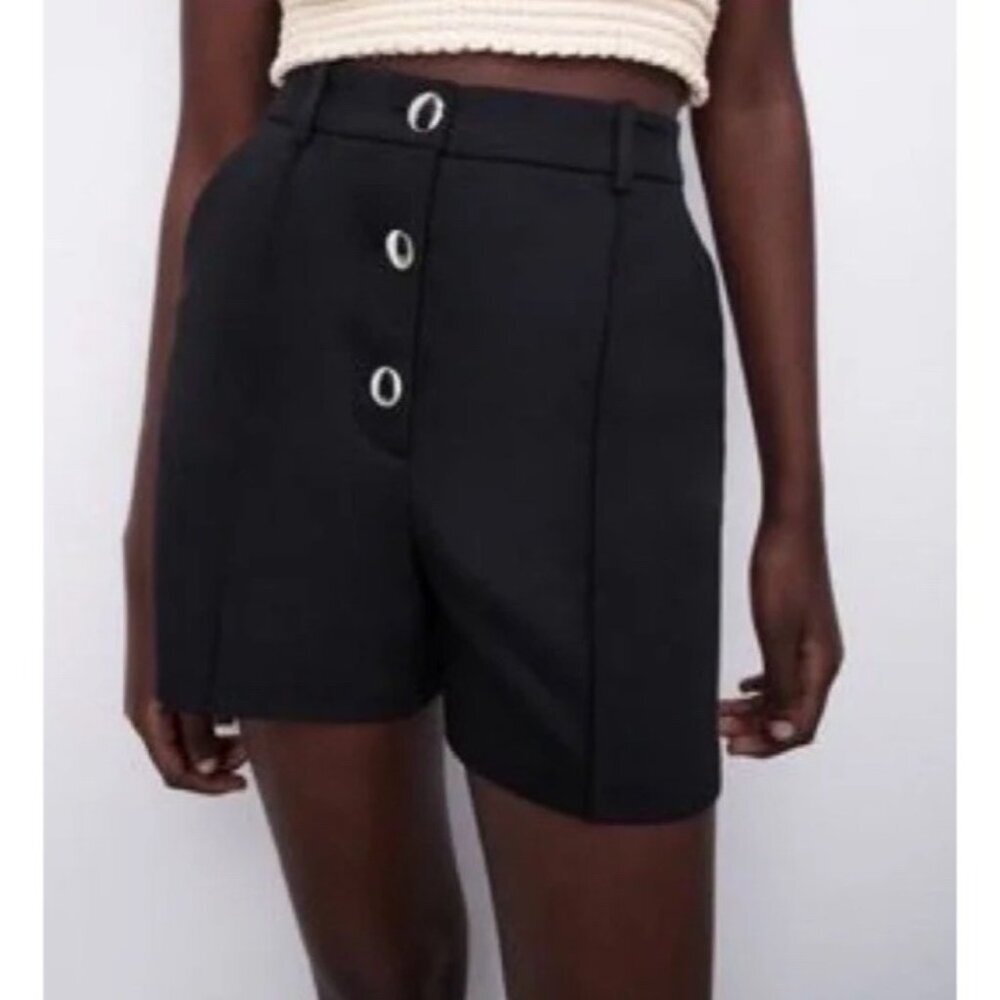 Zara High Rise Button Front Black Shorts Sz M